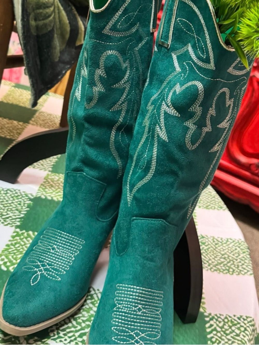 Green Suede Western Cowboy Boots with Embroidered Accents